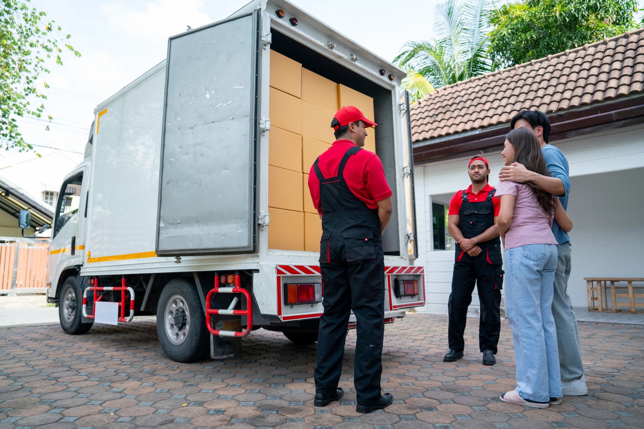 Professional movers opening a truck for customers